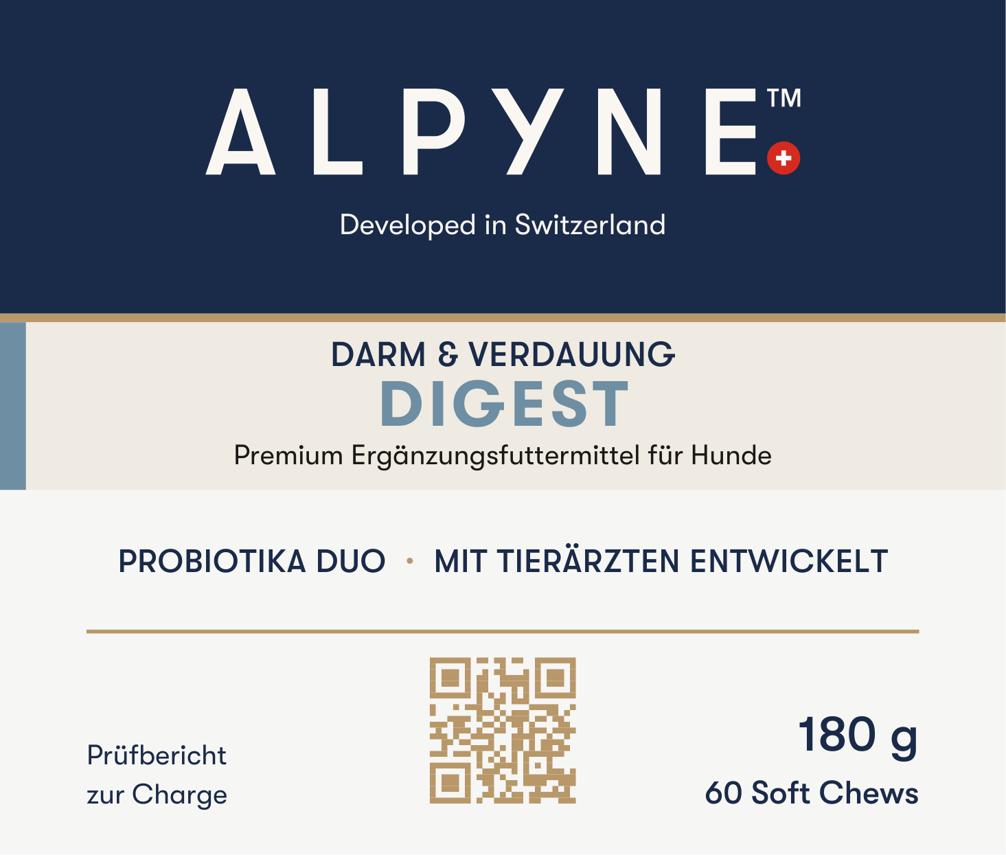 DIGEST Verpackungsfront laut Artwork v3.8.1 mit Darm & Verdauung, Probiotika Duo, mit Tierärzten entwickelt, 180 g, 60 Soft Chews und QR-Code zur Chargenprüfung.